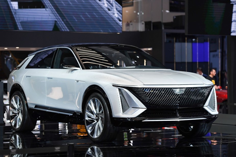 A white 2023 Cadillac Lyriq parked indoors. 