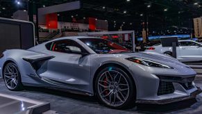 A light-blue 2023 Chevrolet C8 Corvette Z06 Coupe at the 2022 Chicago Auto Show