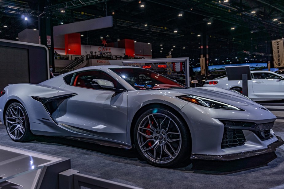 A light-blue 2023 Chevrolet C8 Corvette Z06 Coupe at the 2022 Chicago Auto Show