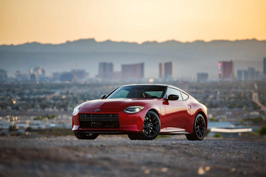 A red 2023 Nissan Z in the Las Vegas desert