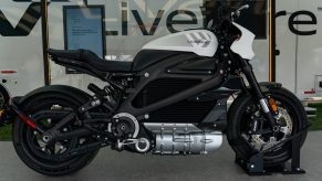 The side view of a black-and-white street-legal LiveWire One electric motorcycle at IMS Outdoors Chicago 2021