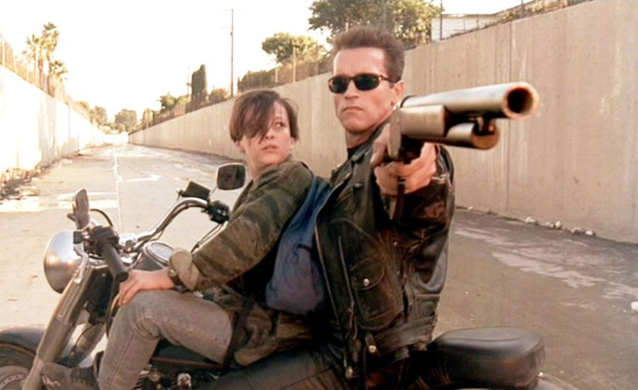 Arnold Schwarzenegger and Edward Furlong on a Harley-Davidson Fat Boy from 'Terminator 2'.