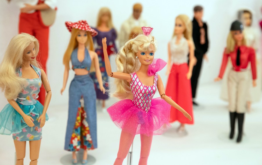 Various Barbie dolls are on display at the special exhibition.