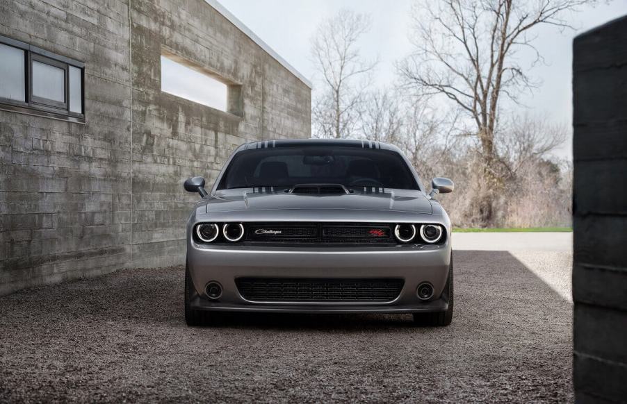 A gray and black Dodge Challenger R/T Scat Pack Shaker shows off its front-end styling.