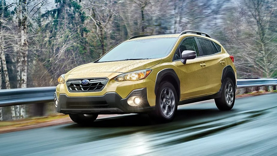 Front angle view of Plasma Yellow Pearl 2022 Subaru Crosstrek