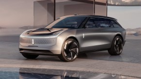 Front angle view of silver 2025 Lincoln Star EV, highlighting its release date and price