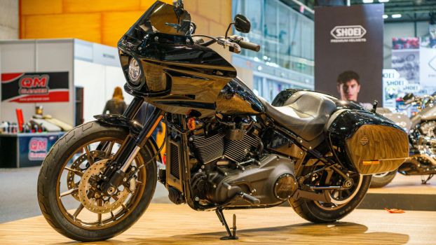 A Harley Davidson Low Rider ST motorcycle on exhibit at the Vive la Moto fair in Madrid, Spain