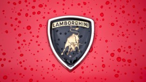 Lamborghini Logo on red car similar to the cheapest example currently for sale, an Espada