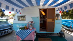 A vintage Shasta Trailer RV camper awning seen at the Flying Flag RV Resort in Buellton, California