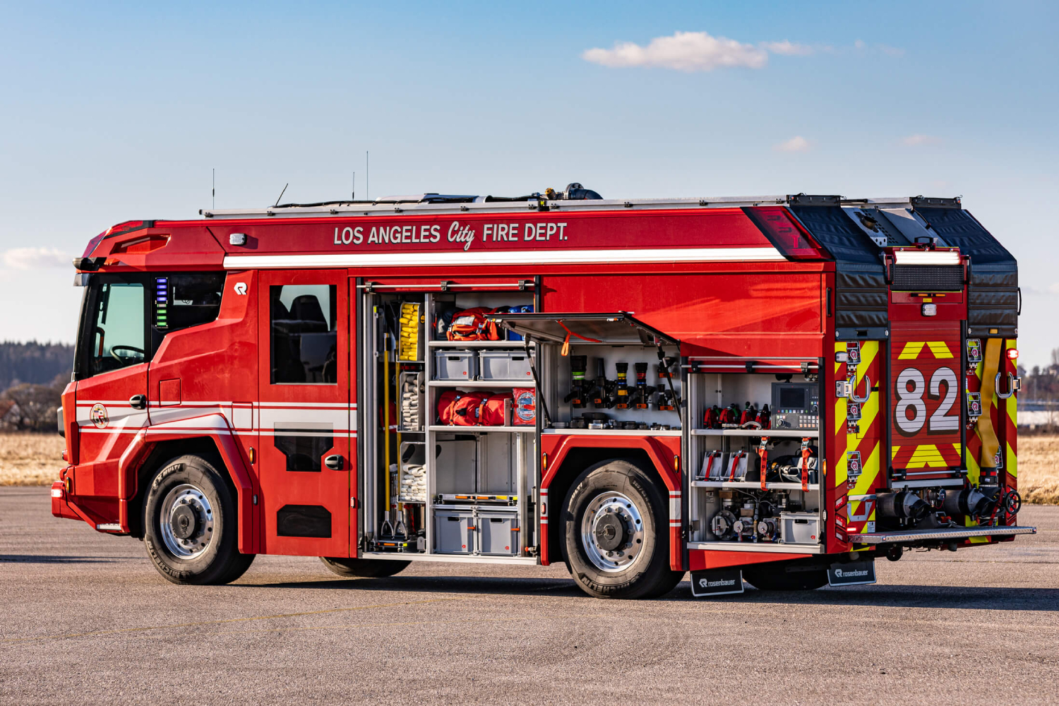 The first electric fire truck, a Rosenbauer RTX, joined the LAFD