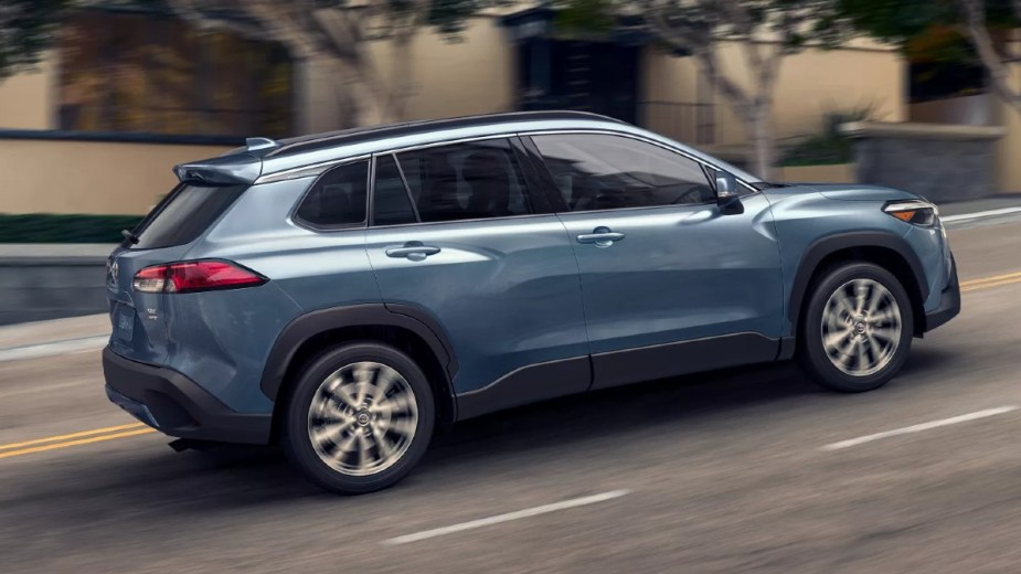 Side view of blue 2022 Toyota Corolla Cross