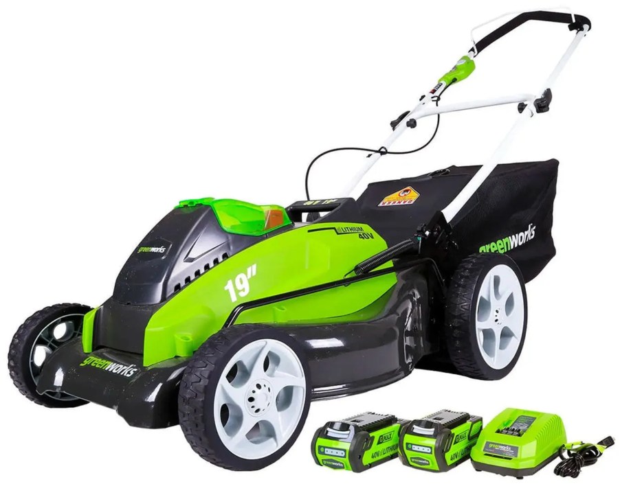 A green-and-black Greenworks 25223 40V 19” battery-powered push lawn mower with two batteries and a charger