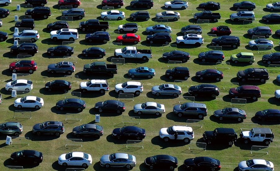 A line of cars, like you would see for sale on Vroom, lined up in a field.