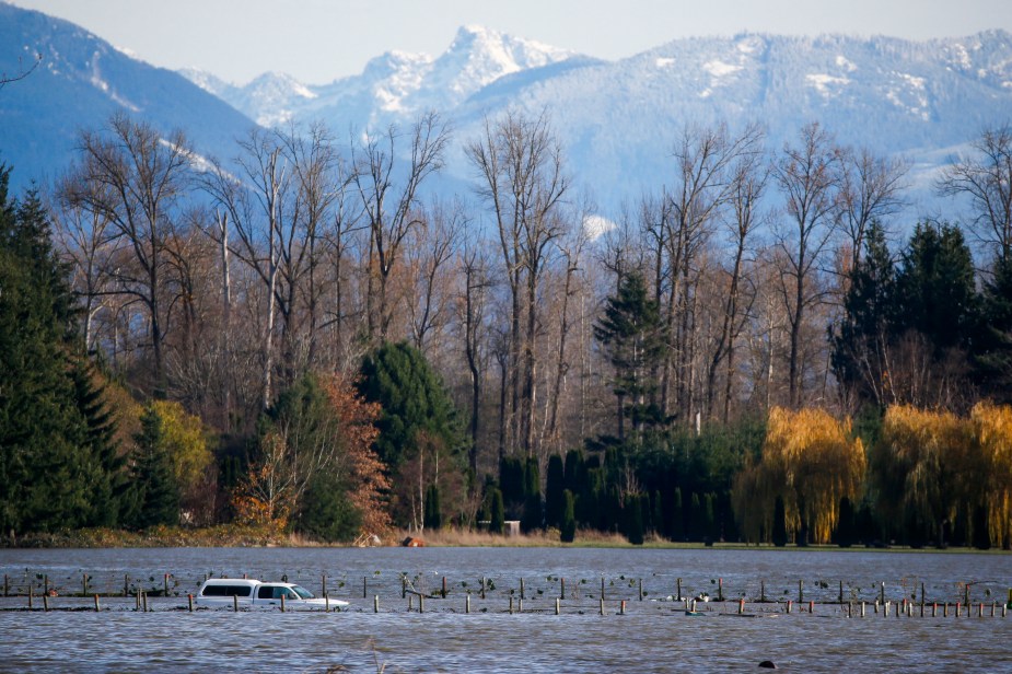 A car is seen partially submerged