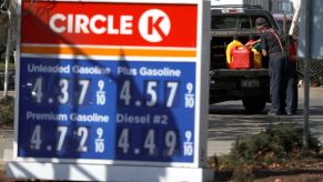 Shot of a a Circle K gas station sign with listed fuel prices