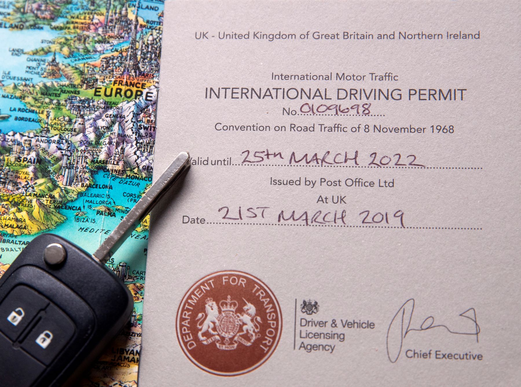 An International Driving Permit issued by the Post Office for U.K. drivers after the country leaves the E.U. in the wake of Brexit