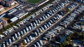 An overhead shot of a luxury RV park in Boulder City Parkway within Las Vegas, Nevada