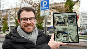 A web app showing disabled parking spaces on a tablet in the city of Pforzheim