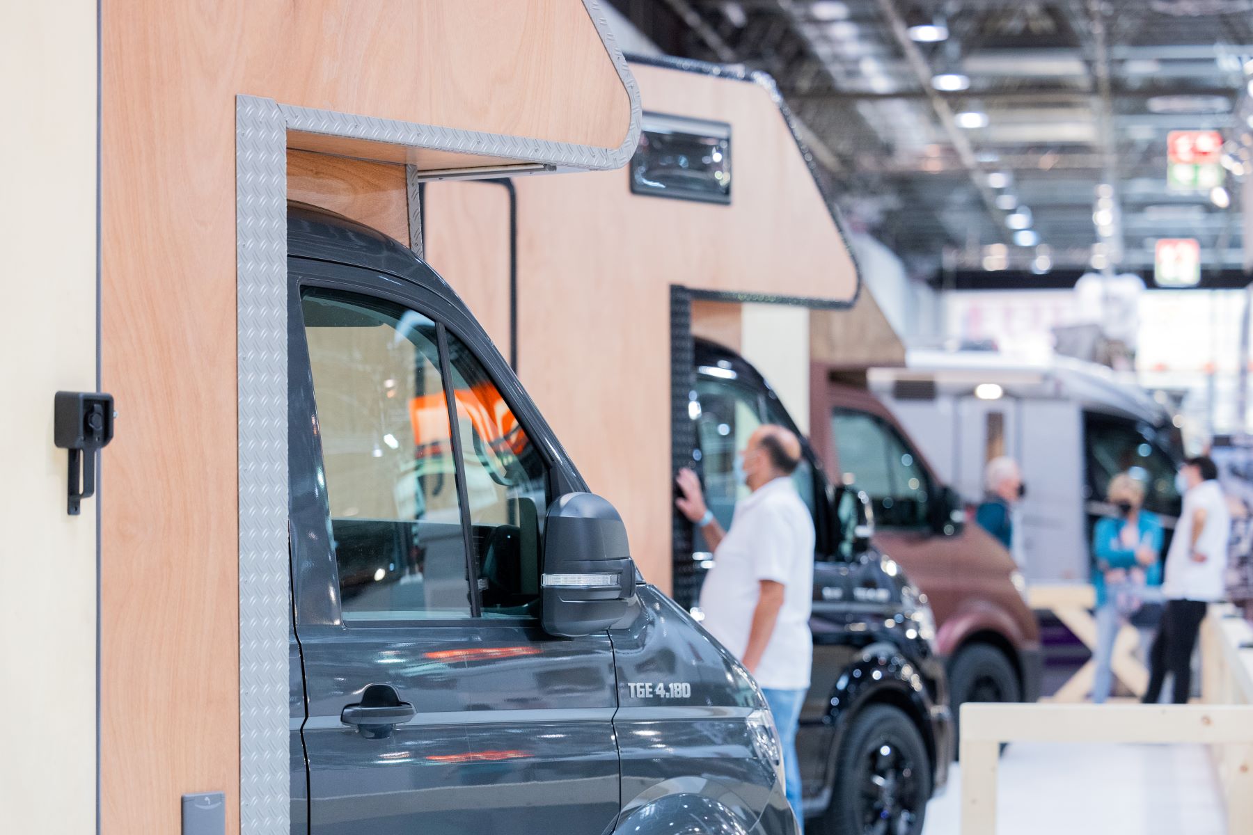 A collection of wooden RV camper motorhomes at the 60th Caravan Salon at Messe Dusseldorf