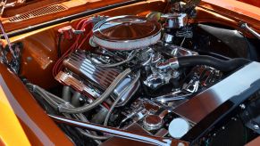 A 1967 Chevy Camaro big block V8 engine on display at the Hot August Nights Custom Car Show in Reno, Nevada