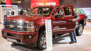 A 2015 Chevy Silverado 2500HD High Country Diesel pickup truck model at the Canadian International Auto Show