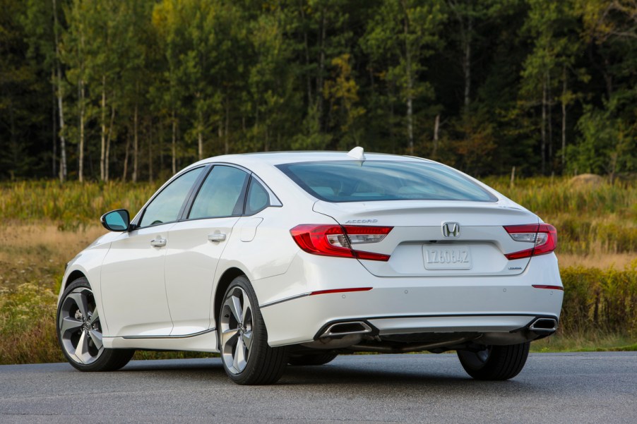 Rear view of a white 2018 Honda Accord midsize sedan