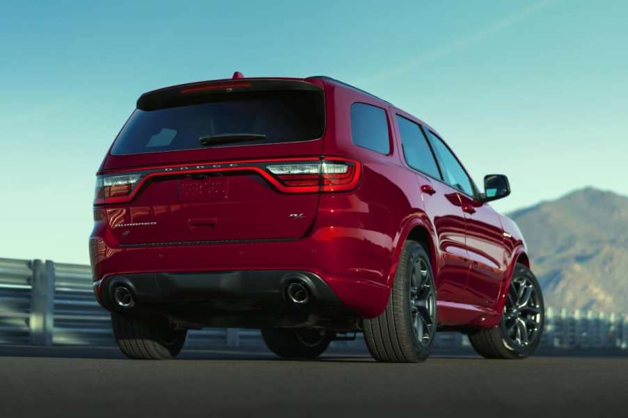 The back of a red 2022 Dodge Durango parked on a mountain.