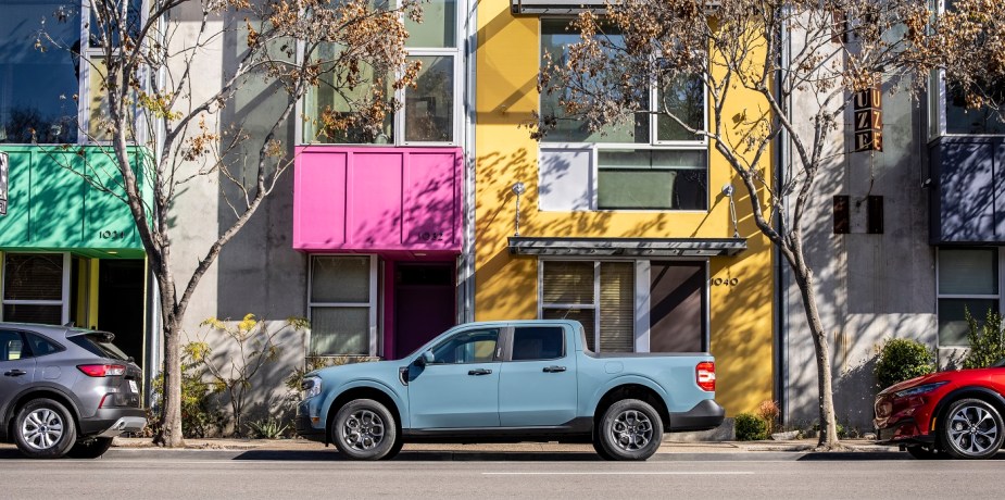 a 2022 Ford Maverick in blue on teh street