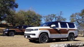 Retro configuration of the Grand Wagoneer SUV with aftermarket wood paneling vinyl trim by Wagonmaster.