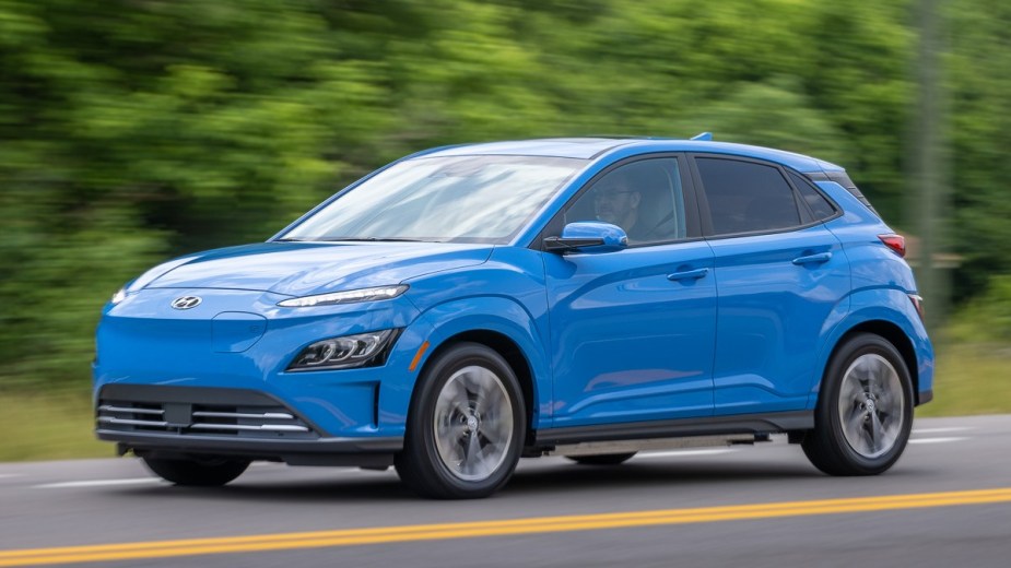 a blue 2022 hyundai kona electric, a new ev that received a nice price drop