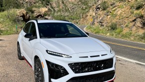 2022 Hyundai Kona N front view shot next to a mountain road