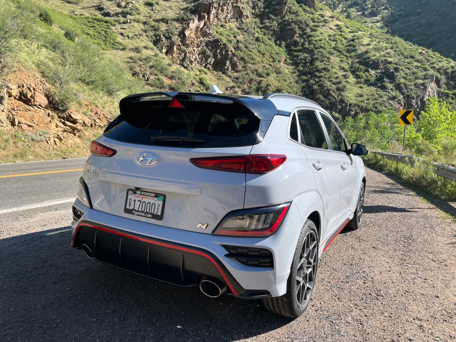 2022 Hyundai Kona N rear shot by a mountain