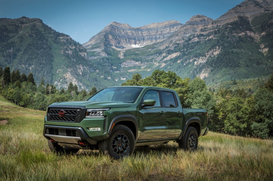 A green 2022 Nissan Frontier compact pickup truck. It comes with plenty of features for the price.