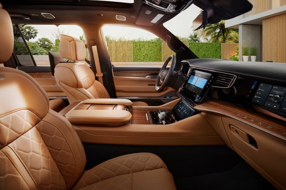 Promo shot of the tan, quilted leather of the Grand Wagoneer's interior.