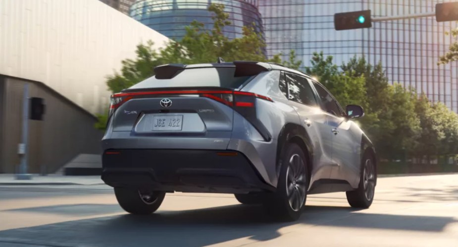 The back of a gray 2023 Toyota bZ4X electric SUV. 