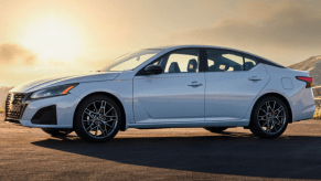 White pre-production 2023 Nissan Altima midsize sedan