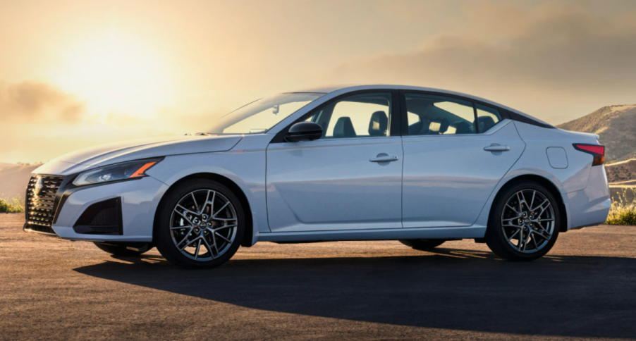 White pre-production 2023 Nissan Altima midsize sedan