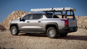 A Silverado EV work truck in gray on dirt