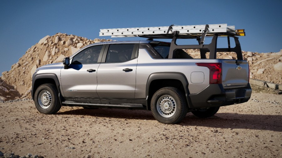 A Silverado EV work truck in gray on dirt