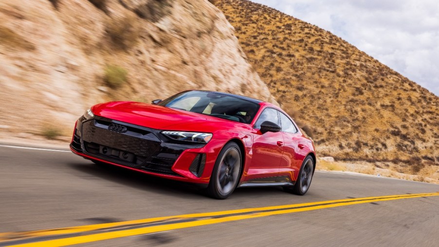 a red audi rs e tron, one of the models that can benefit from the ev tax credit