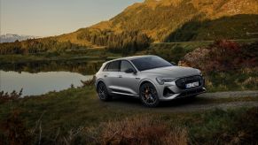 The Audi e-tron S line black edition all-electric luxury SUV driving on a gravel path near a small pond