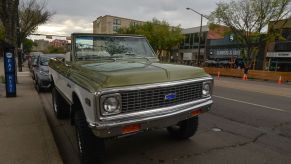 A Chevy K5 Blazer full-size SUV model parked on Whyte Avenue in Edmonton, Alberta, Canada