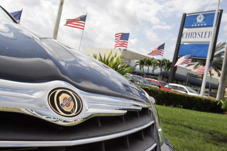 The company logo for Chrysler on a dealership