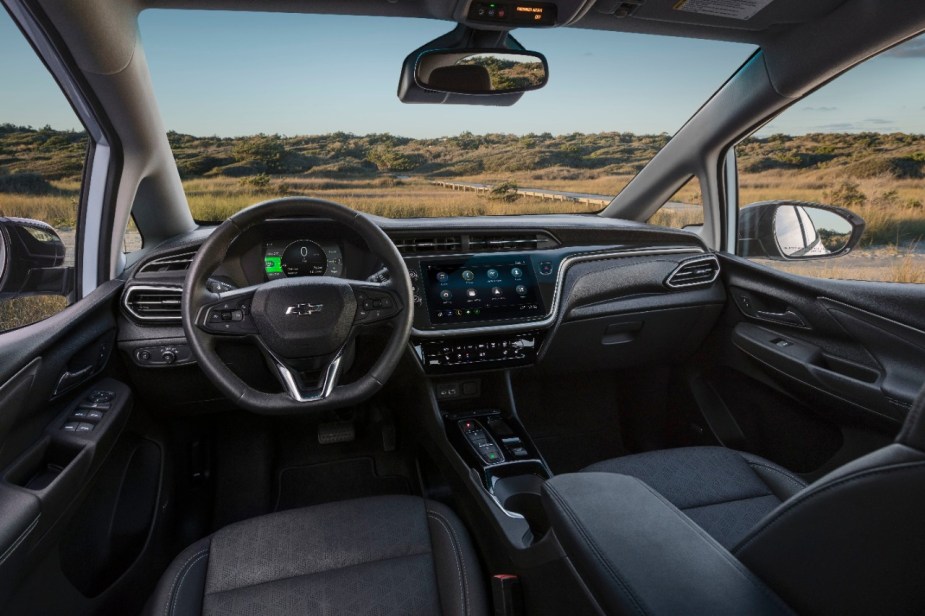 Dashboard and front seats in 2023 Chevy Bolt EV, highlighting its release date and price