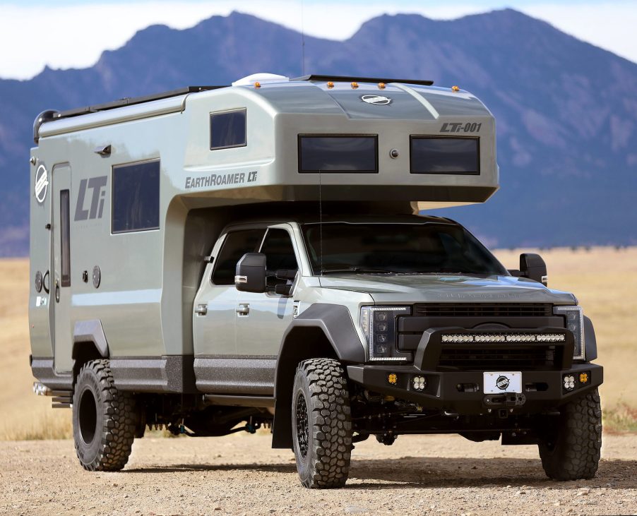 An overland vehicle, the EarthRoamer LTi in the desert.