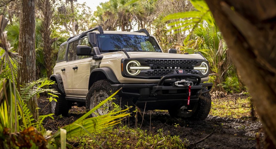 A 2022 Ford Bronco Everglades in Desert Sand Color is parked off-road. New variants coming of the Bronco, Maverick, and F-150. 