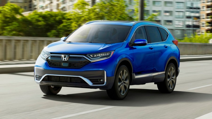 Front angle view of blue 2022 Honda CR-V