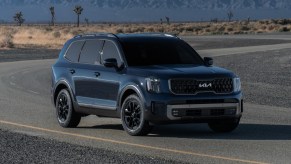 Front angle view of blue 2023 Kia Telluride