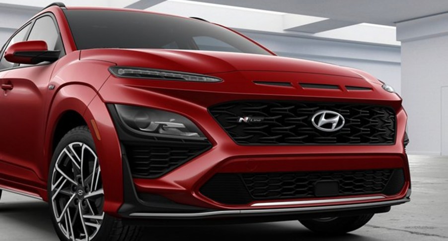 A red 2022 Hyundai Kona N Line.