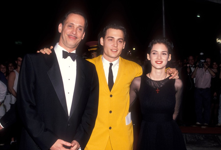 John Waters, Johnny Depp and Winona Ryder during Cry-Baby Premiere, where Johnny Depp's Harley-Davidson from 'Cry Baby' appeared.